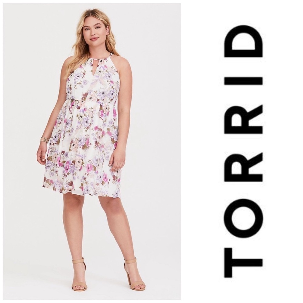 Torrid White Pink Purple Floral Short Mini Chiffon Halter Dress Sleeveless 2X
